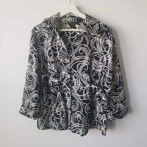 Marina Luna womens shirt size L black white 100% linen button up 3/4 sleeve